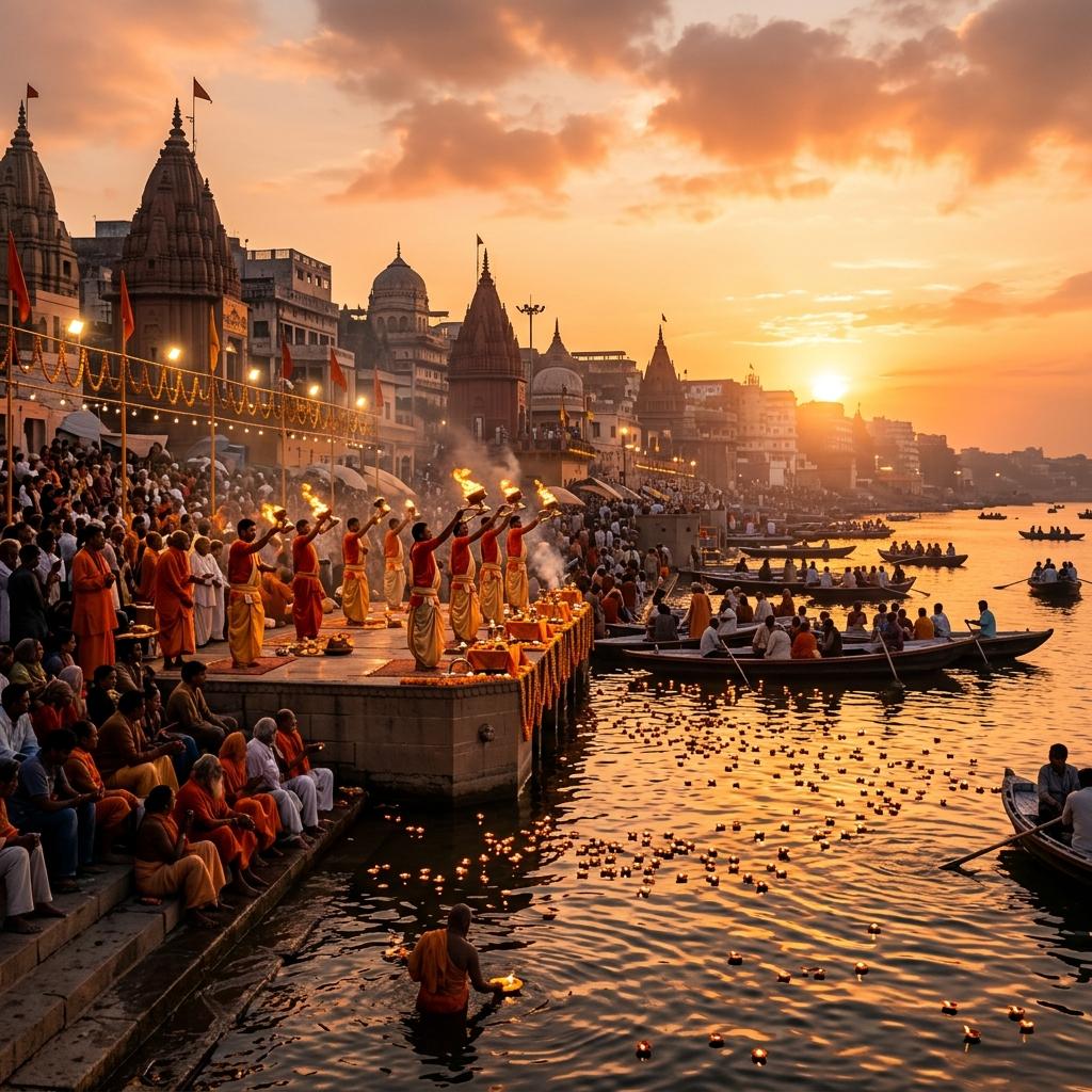 Varanasi skyline with temples at golden hour